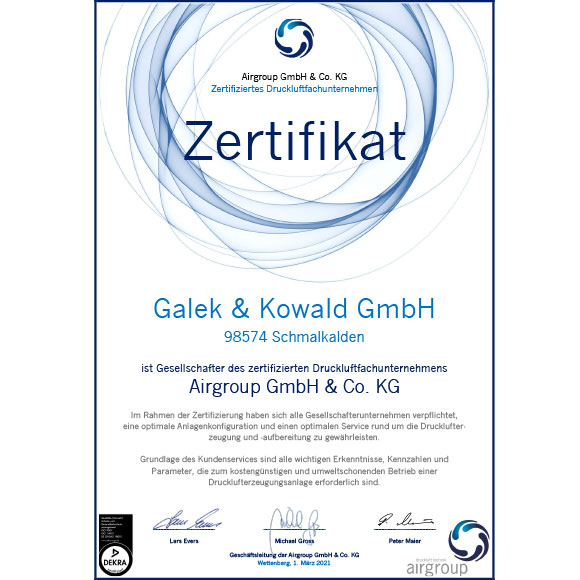 Airgroup Zertifikat: Galek & Kowald Schmalkalden ist Gesellschafter des zertifizierten Druckluftfachunternehmens